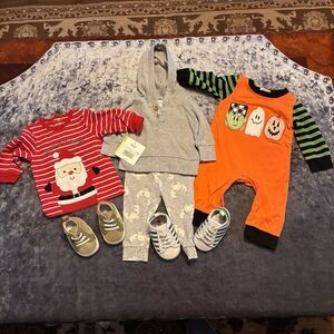 Baby Boys Outfits, Halloween one piece, Santa top, joggng set 2 Pair Shoes 3-6M